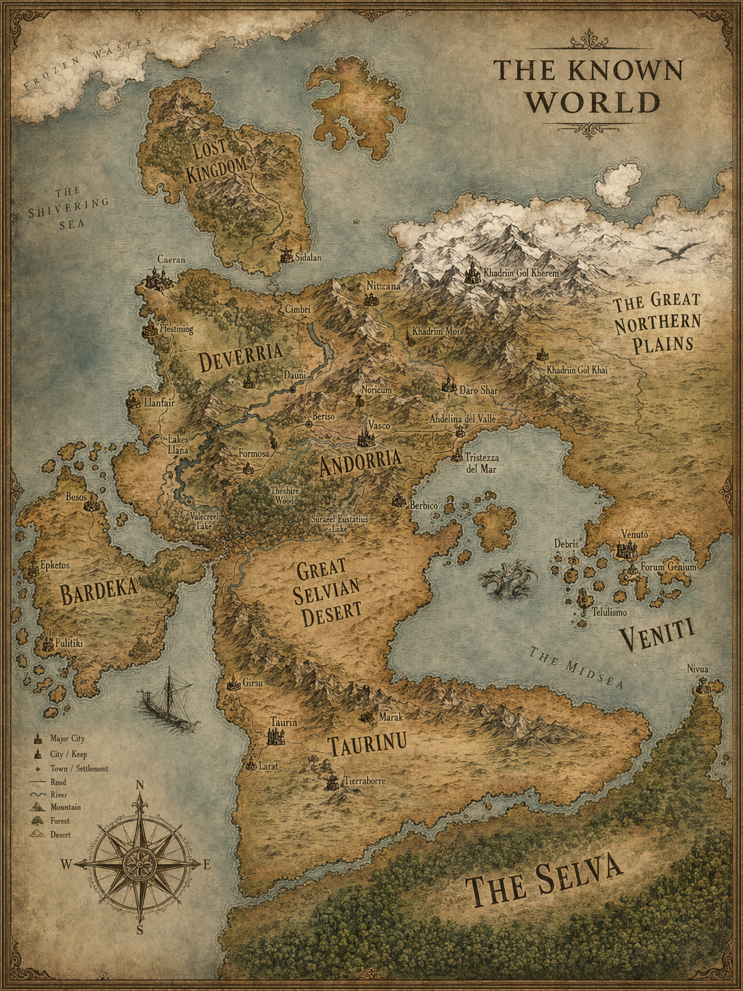 Illustrated antique map of The Known World, showing Andorria, Deverria, Bardeka, Taurinu, Veniti, the Lost Kingdom, the Great Northern Plains, and the Selva.